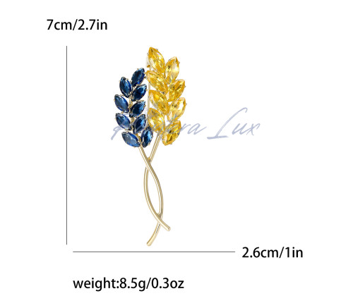 Брошка патріотична з пшеничними колосками Україна в синьо-жовтому кольорі з австрійськими кристалами