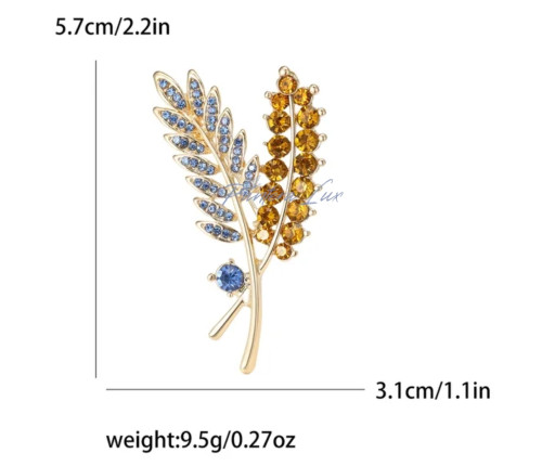 Брошка патріотична з пшеничними колосками Україна у синьо-жовтому кольорі з австрійськими кристалами