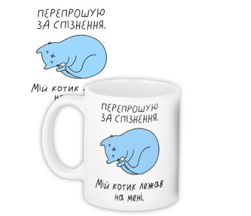 Чашка з принтом ПЕРЕПРОШУЮ ЗА СПІЗНЕННЯ. МІЙ КОТИК ЛЕЖАВ НА МЕНІ